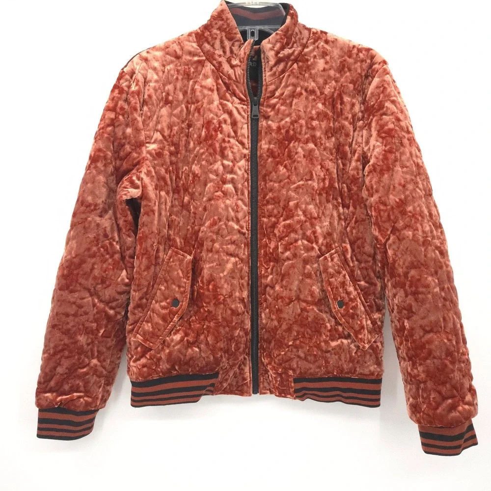 Bernardo Quilted Velvet Bomber Jacket Women Small Rust Orange Striped Trim